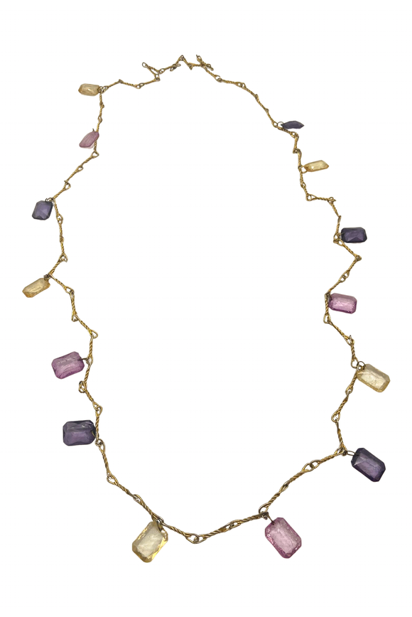 Vintage Gold Long Chain Necklace with Faux Amethyst Amber Rose Quartz Gem Stones