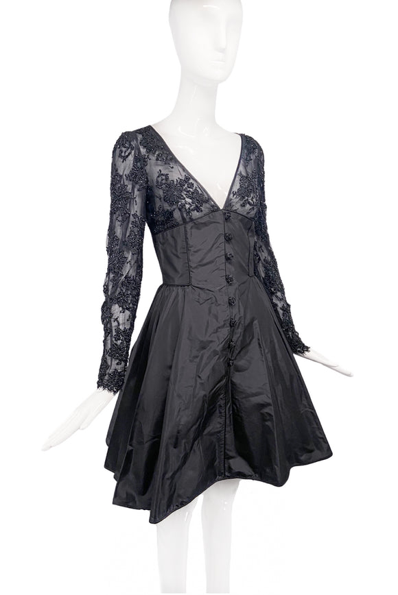 Emanuel Ungaro Black A-Line Sheer Embroidered Lace Sleeve Cocktail Dress