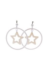 Vintage White Acrylic "Peggy Moffit" Hoop Earrings with Graphic Stars