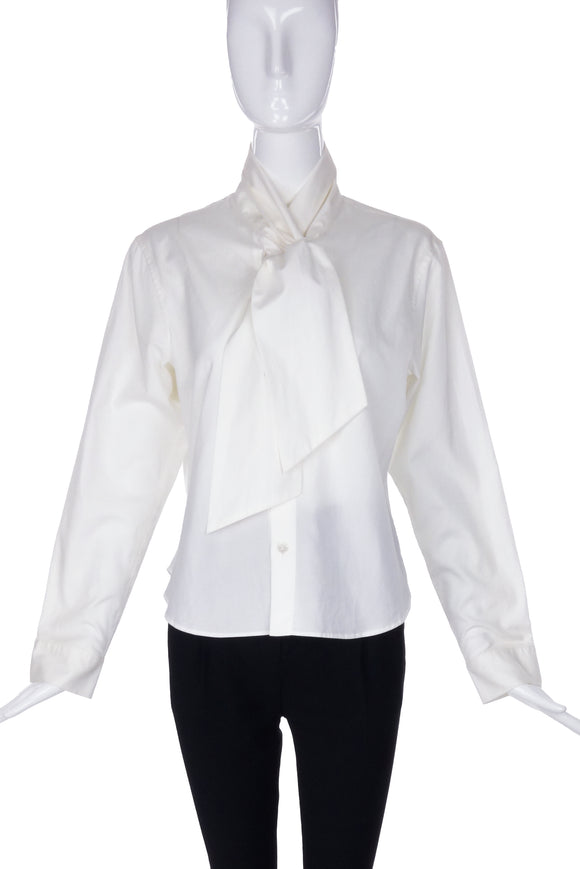 Yohji Yamamoto White Cotton Neck Tie Button-Up Shirt Blouse