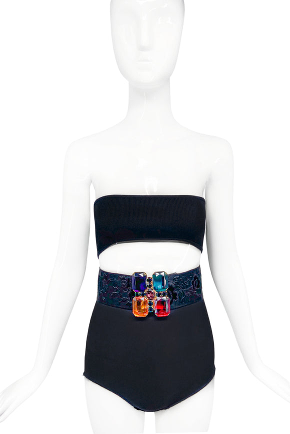 Saint Laurent YSL Black Brocade Gemstone Cross 1970's Couture belt