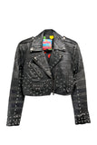 Zoraida Polidori Black Textured Leather Crop Moto Jacket with Silver Stud Details