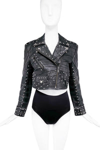 Zoraida Polidori Black Textured Leather Crop Moto Jacket with Silver Stud Details