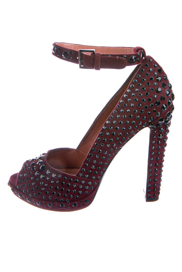 Alaia Maroon Burgundy Red Jet Black Crystal Studded Ankle Strap Shoes