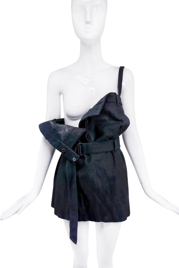 Ann Demeulemeester Black Felt One Shoulder Overall Belted Mini Dress Fall Winter Runway 2003