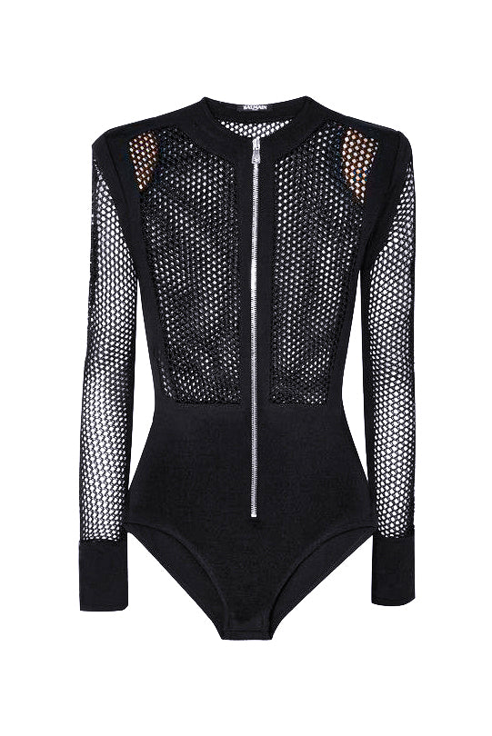 Balmain Black Fishnet Zipper Long Sleeve Body Suit