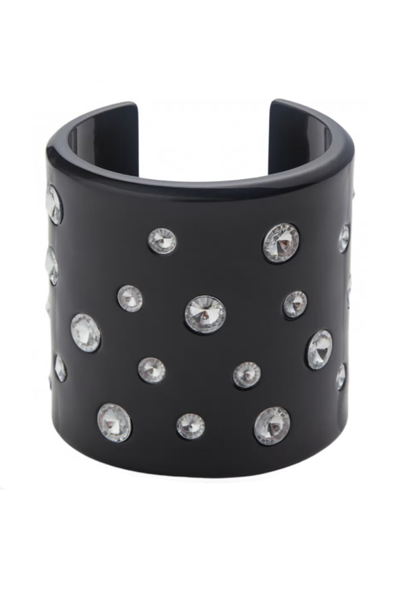 Vintage Black Resin Large Cuff Bracelet with Crystal Rhinestone Details