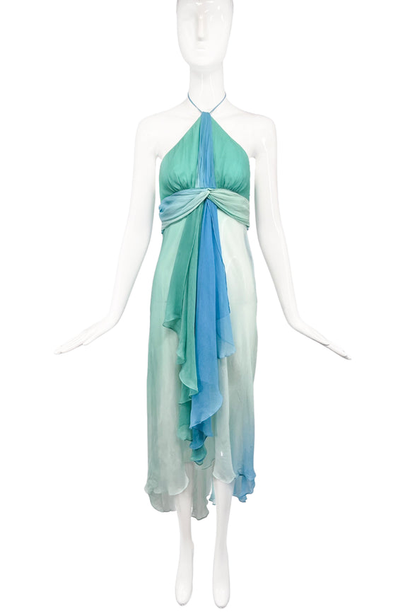 Vintage Green Seafoam Blue Blumarine Style Y2K Sheer Chiffon Halter Neck Handkerchief Hem Front Flounce Dress