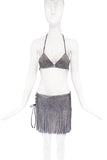 Vintage Silver Pavé Crystal PVC Fringe Side Slit Cross Tie Skirt with matching Bra