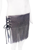 Vintage Silver Pavé Crystal Bikini Top with PVC Fringe Side Slit Cross Tie Skirt