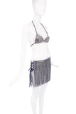 Vintage Silver Pavé Crystal Bikini Top with PVC Fringe Side Slit Cross Tie Skirt