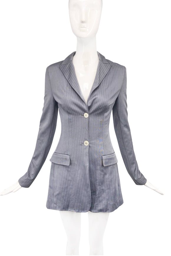 Dolce Gabbana Blue Gray Pin Stripe Fitted 90's Suit Jacket Blazer