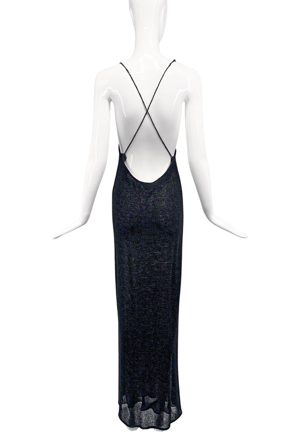 Donna Karan Black Knit Spaghetti Strap Criss Cross Low Cut 90's Slip Dress Gown