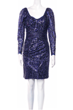 Emanuel Ungaro Blue Purple Vintage Sequin Sheer Sleeve Corset Padded Bra Cocktail Dress