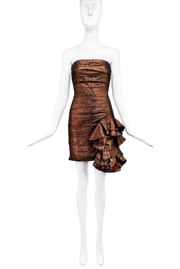 Faith Connexion Bronze Brown Copper Glitter Lurex Bandeau Mini Dress with Ruffle Detail