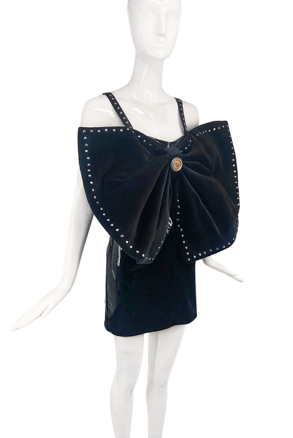 Fausto Puglisi Black Velvet Patent Leather Oversized Bow Studded Dress