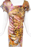 Laura Biagotti Italy Multicolor Pink Baby Blue Gold Sequin Pattern Print Galliano Style Ruffle High Slit Y2K Dress Gown