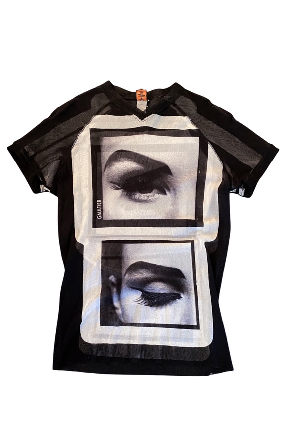 Jean Paul Gaultier Black & White Mesh Eye Close Up Print Top Shirt
