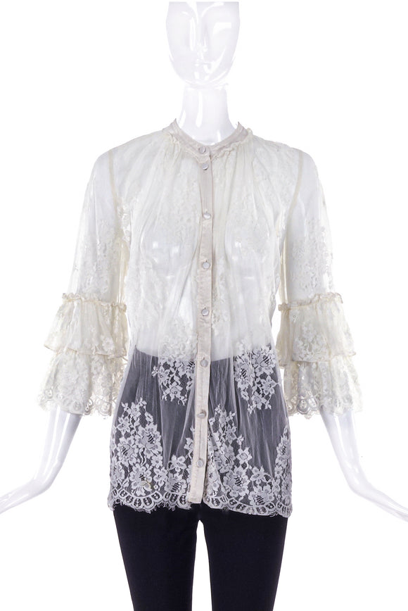 Ghost White Lace Blouse with Ruffle Sleeves - BOUTIQUE PURCHASE PRICE