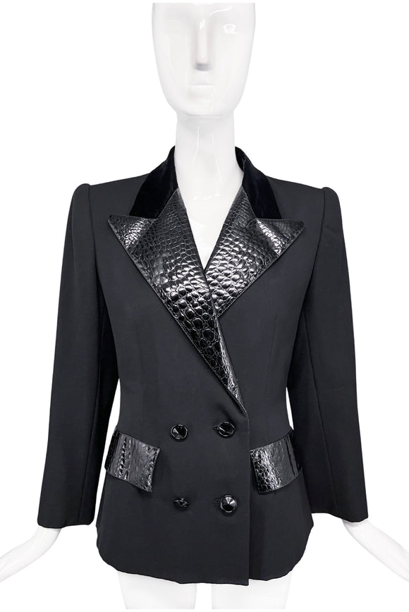Givenchy Black Crocodile Leather Lapel Power Shoulder Haute Couture Tuxedo Suit Blazer Jacket