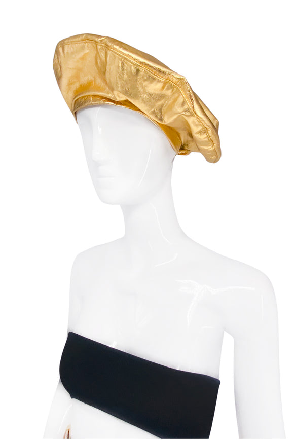 Vintage Gold Metallic Beret with MSGM Gold Metallic Faux Leather High Waisted Front Snap Mini Skirt with matching Belt