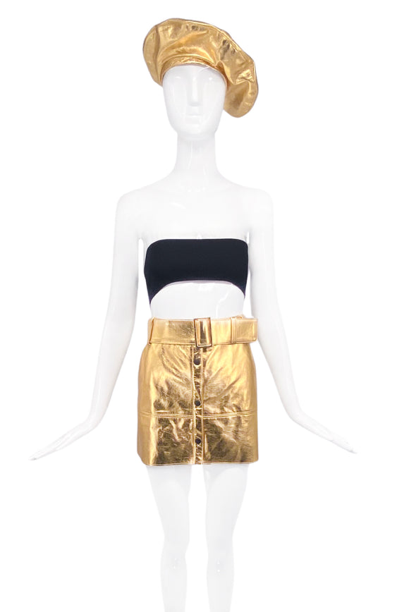 MSGM Gold Metallic Faux Leather High Waisted Front Snap Mini Skirt with matching Belt & Beret
