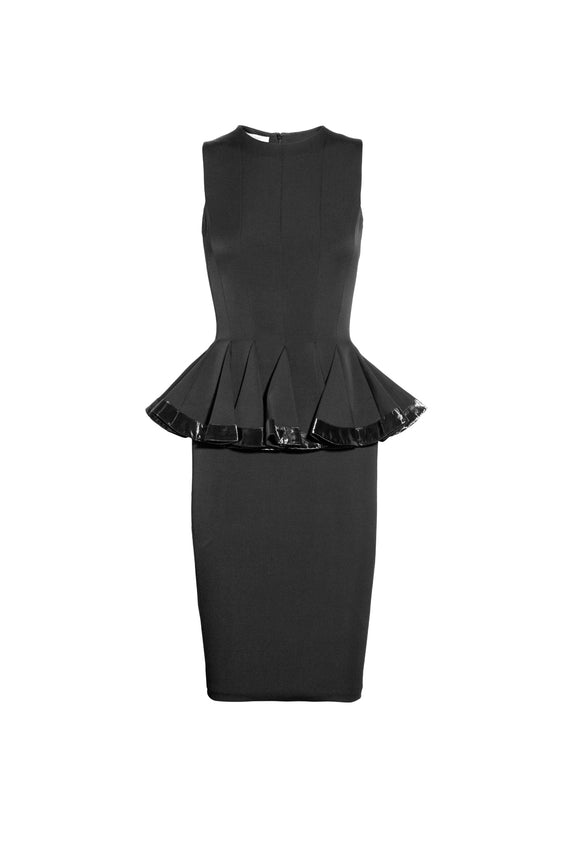 Hakaan Black Patent Leather Peplum Body Con Dress