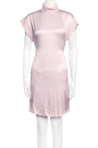 Hakaan Pale Pink Satin Pleated Mock Neck Structured Dress