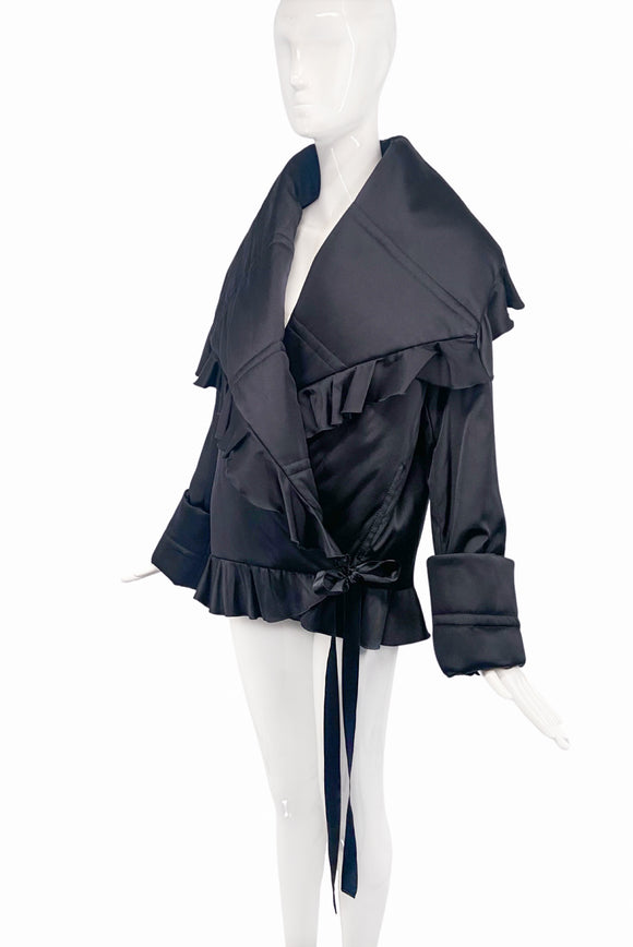 John Galliano Style Black Satin Silk Ruffle Oversized Collar Cuff Puffer Ungaro Coat Jacket