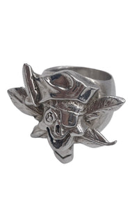 John Galliano Silver Metal Pirate Skull Feather Ring