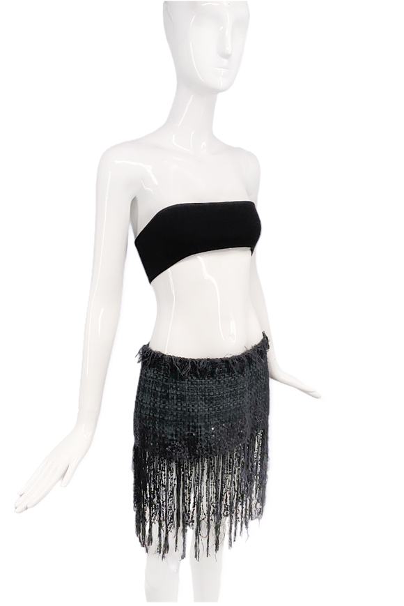 Koi Paris Black Tweed Sequin Fringe Mini Skirt