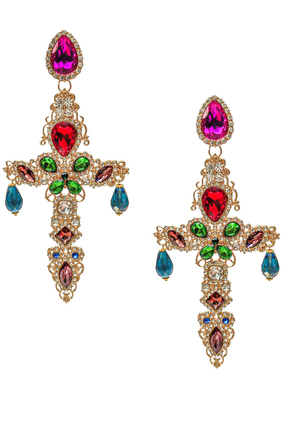 Armen Ra Christian Lacroix Style Gold Red Green Pink Gemstone Gripoix Big Cross Earrings