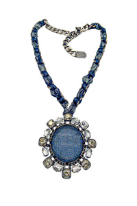 Lanvin Blue Sparkle Oversize Pendent Necklace on a Gunmetal Chain SS2014