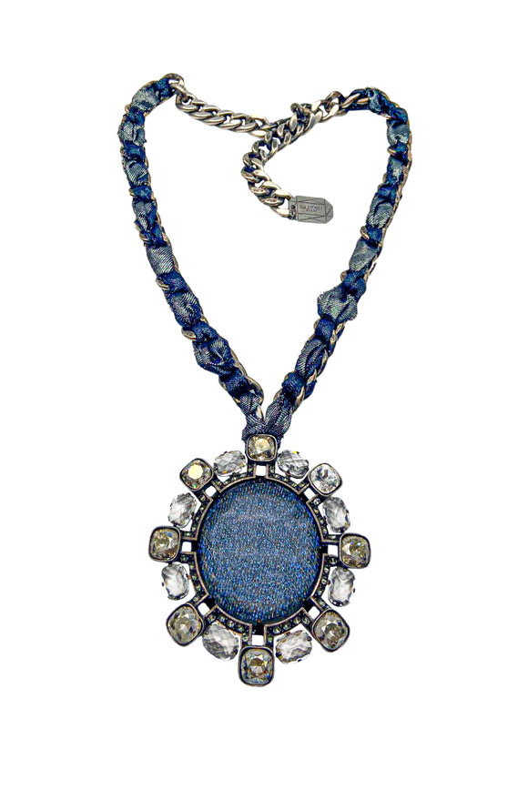 Lanvin Blue Sparkle Oversize Pendent Necklace on a Gunmetal Chain SS2014