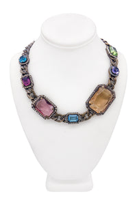Lanvin Amethyst, Aquamarine, Peridot Gem Stone Crystal on Gold Link Round Chain Necklace