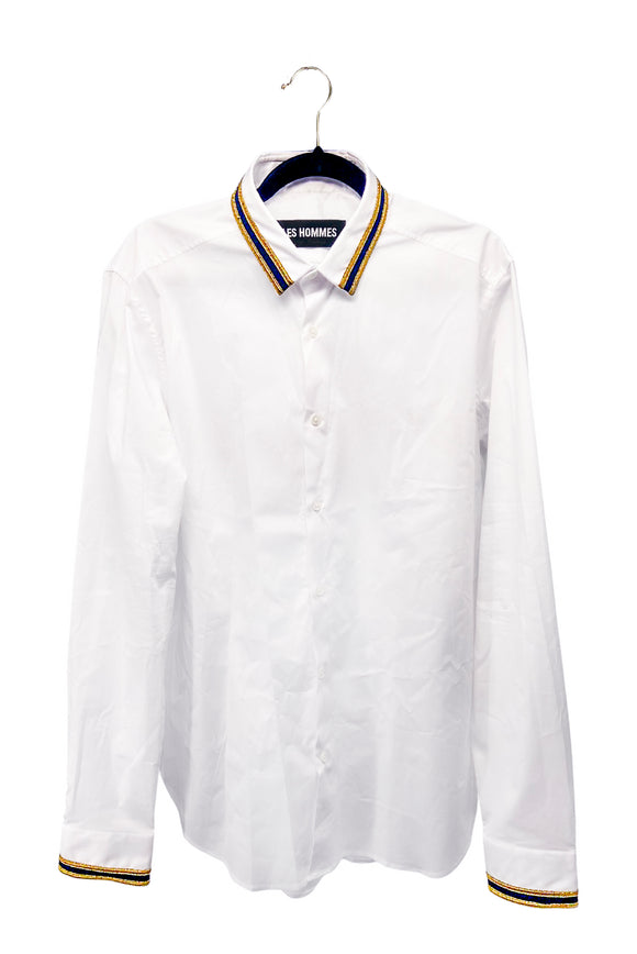 Les Hommes White Gold Lame Embroidery Military Shirt
