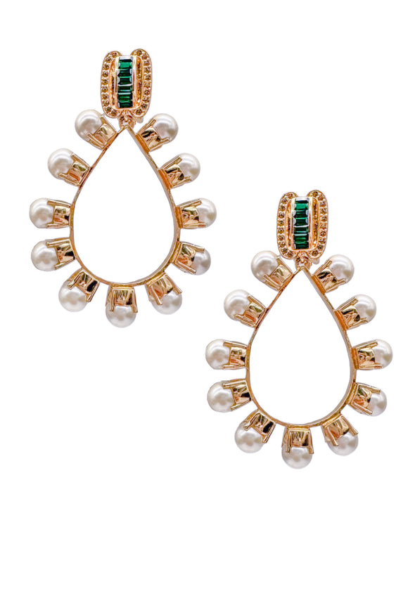 Mawi London Gold Pearl Hoop Emerald Green Earrings
