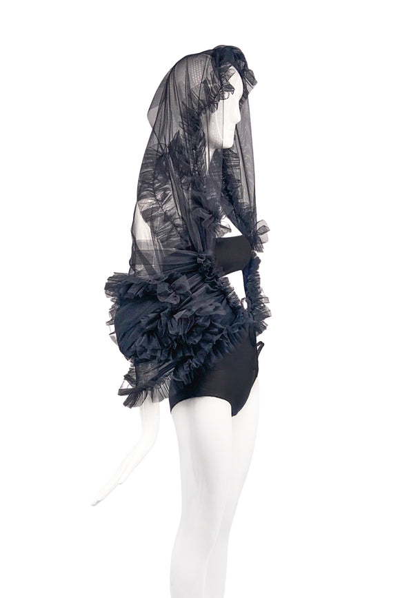 Molly Goddard Black Tulle Ruffle Sheer Versatile Cape Hood Cloak Cardigan Jacket