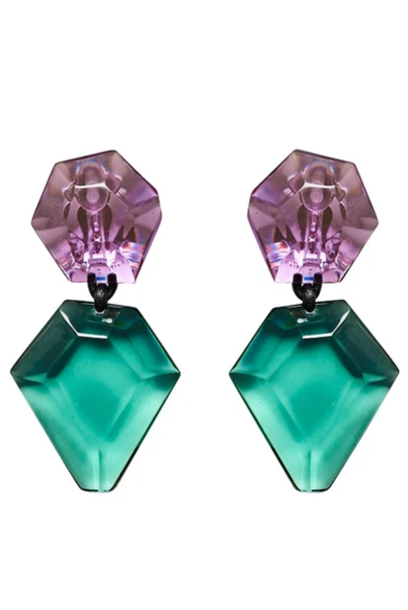 Monies Emerald Green Amethyst Purple Lucite Resin Chunky Diamond Earrings