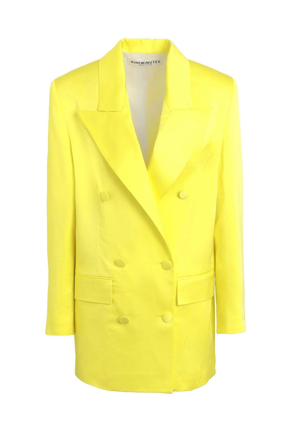 NineMinutes Italy Neon Yellow Satin Double Breasted Blazer Suit Jacket