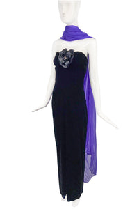 Nina Ricci Black Velvet Bustier Dress Gown with Glitter Flower and Purple Chiffon Scarf