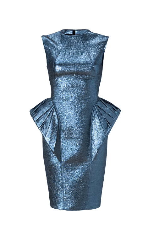 Hakaan Midnight Blue Metallic Peplum Pleated Dress