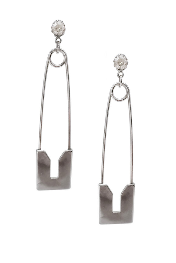 Vintage Silver Gold Oversized Square Safety Pin Earrings with Diamond Stud