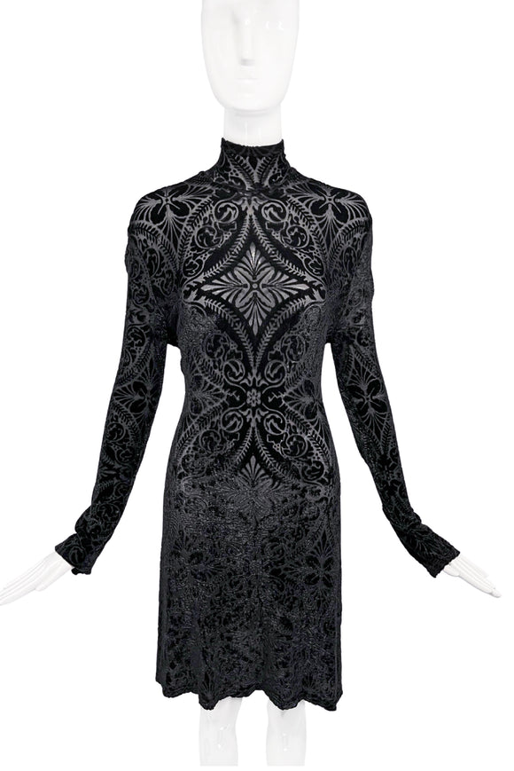 Rifat Ozbek Black Velvet Burnout Art Deco Print Body-Con Dress