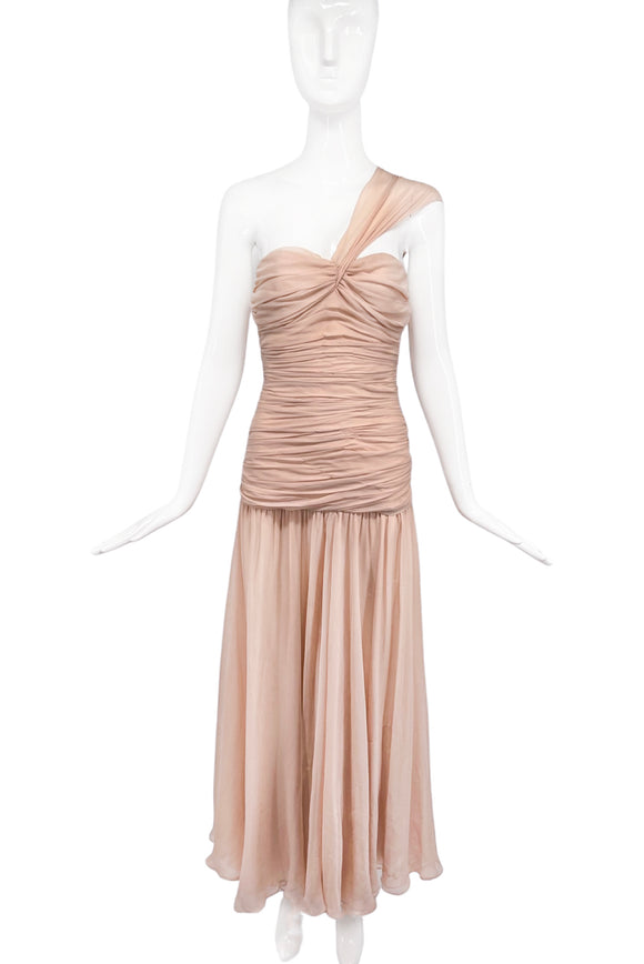 Vintage Silk Chiffon One Shoulder Peach Beige Ruched Goddess Gown Dress