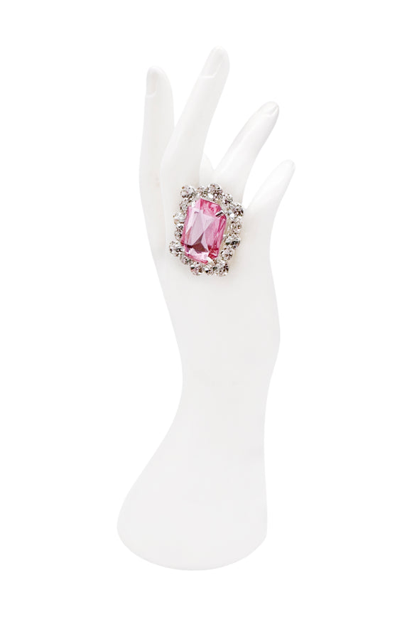 Vintage Silver Crystal Pink Sqaure Stone Rhinestone Framed Adjustable Cocktail Ring