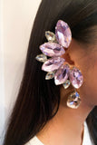 Vintage Silver Crystal Pink Crescent Moon Floral Earring Cuffs
