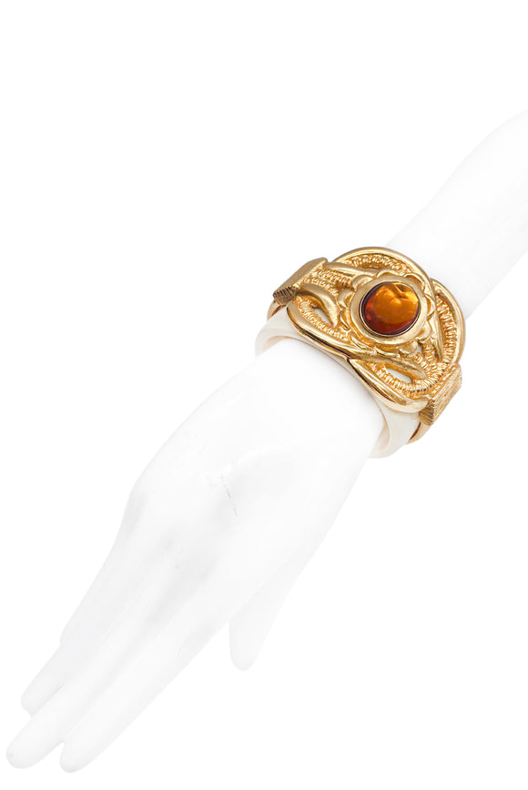 Vintage Escada White Resin Cuff Bracelet with Gold Barque Detail with a Golden Topaz Crystal