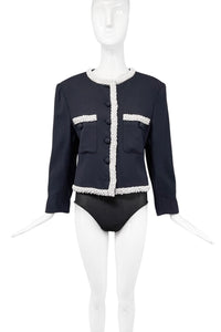 Louis Féraud Navy Blue "Chanel" Cropped Jacket with White Textured Details