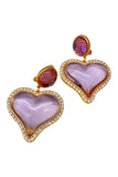 Vintage Purple Pink Lucite Transparent Crystal Framed Heart Shaped Earrings
